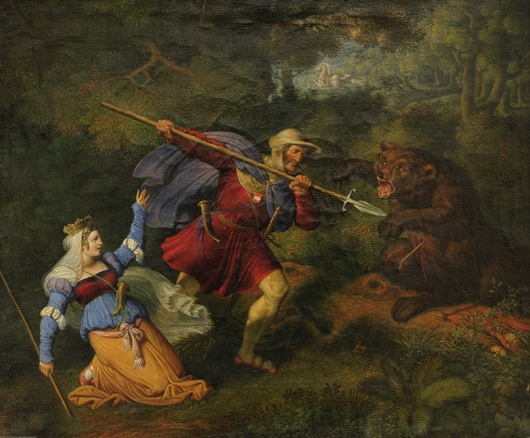 Karl Russ, Vévoda Arnošt Železný zachraňuje na lovu Cimburku Mazovskou, 1816, olej, plátno, 36 × 43 cm, Státní zámek Rájec nad Svitavou