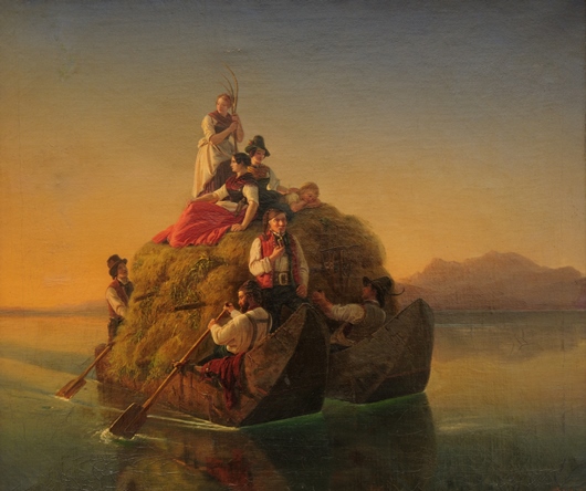 Julius Köckert, Svážení sena na Chiemsee, 1848–1849, olej, plátno, 47 × 55 cm, Státní zámek Rájec nad Svitavou